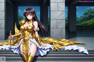 A woman in a gold outfit standing in front of a door.
