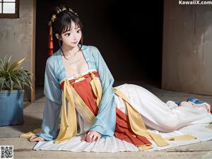 A woman in a yellow and blue dress sitting on a bed.