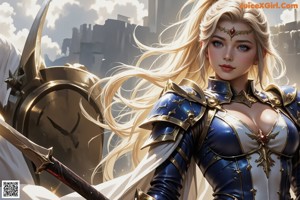 A woman in armor holding a sword in front of a city.