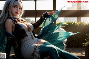 Anime girl sitting on a chair in front of a window.