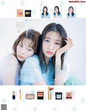 A magazine spread with two young women posing for a picture.