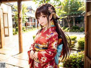 A woman in a kimono sitting on a wooden bench.