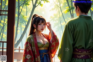 A woman in a kimono is standing in the woods.