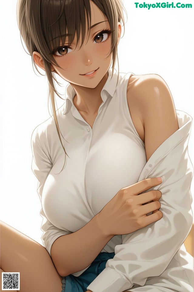 A woman in a white shirt is sitting on a chair.