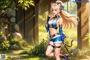 A woman in a bunny costume sitting on a tree.