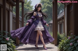 A woman in a purple dress and hat standing on a porch.