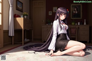 Anime girl with long black hair and stockings sitting on the floor.