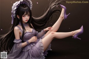 A woman in a purple dress sitting on a bed.