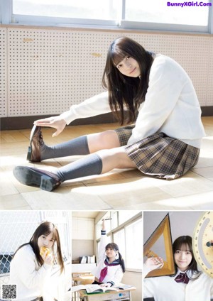 A woman in a school uniform is posing for a magazine.