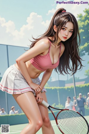 A woman in a white bikini holding a tennis racket.