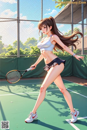 A woman holding a tennis racket on a tennis court.
