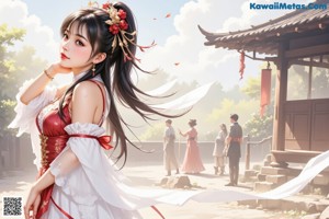 A woman in a red and white outfit is posing for a picture.