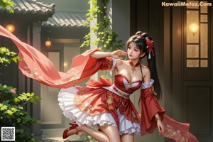 A woman in a white dress with a red sash.