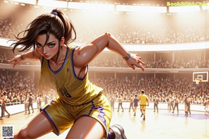 A girl in a basketball uniform crouching on a basketball court.