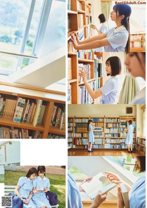 A couple of young women standing next to each other in front of bookshelves.