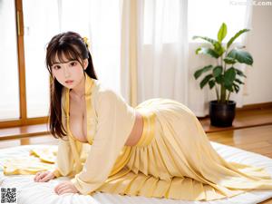 A woman in a white kimono sitting on a bed.