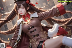 A woman with long brown hair wearing a top hat and shorts.