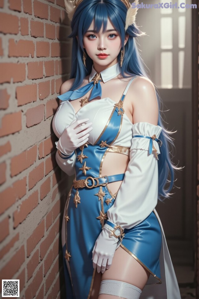 Hentai - Captivating Grace of the Cosmic Maiden Set.2 20250125 Part 2 No.3b41d5 A woman in a blue and white outfit leaning against a brick wall.