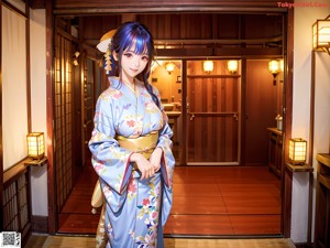 A woman in a blue kimono sitting on a wooden bench.
