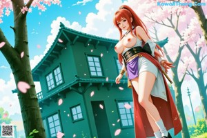 A woman in traditional attire stands outdoors with cherry blossoms and rocks around her.