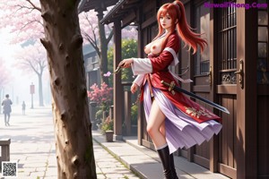 A woman in traditional attire stands by a serene pond with cherry blossoms.