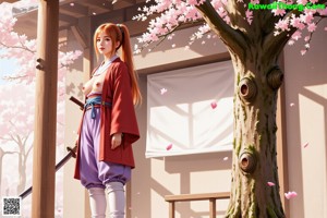 A woman in traditional attire stands outdoors with cherry blossoms and rocks around her.