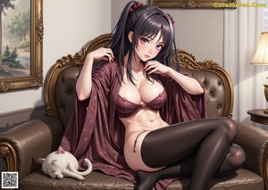 Anime girl in stockings and stockings sitting on a couch.
