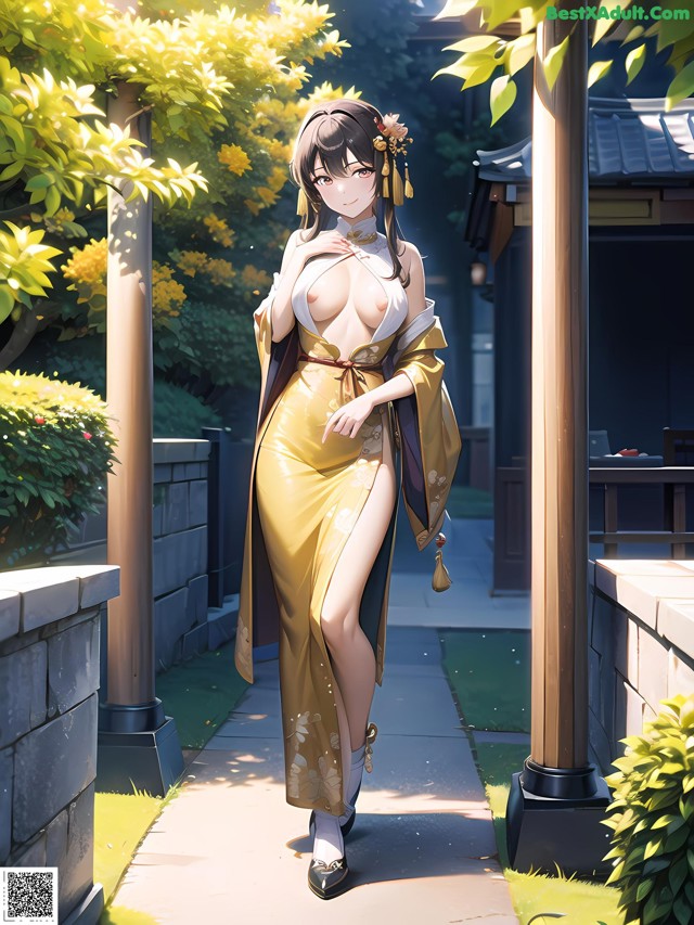 A woman in a yellow kimono walking down a sidewalk.