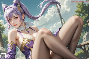 A woman in a purple outfit sitting on a white couch.