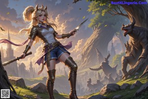 A woman walking through a forest holding a stick.