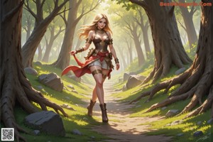 A woman walking through a forest holding a stick.