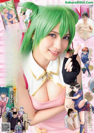 A woman with green hair sitting at a desk.