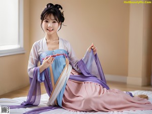 A woman in a pink and white hanbok is posing for a picture.
