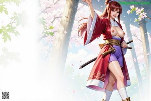 A woman in traditional attire holds a sword, standing amidst cherry blossoms.