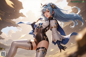 A woman with blue hair sitting on the ground.