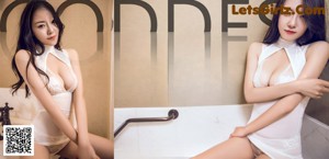 A woman sitting on top of a bathtub in a white lingerie.