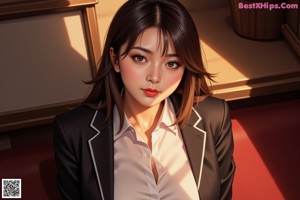 A woman in a beige suit standing in front of a classroom.
