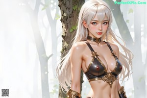 A woman in a detailed, ornate armor outfit with flowing hair and accessories.