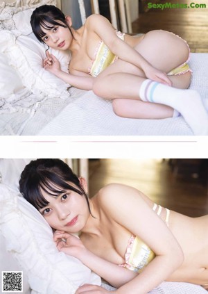 A woman in a white bikini sitting on a bed.