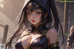 A woman in a black and gold outfit with horns on her head.