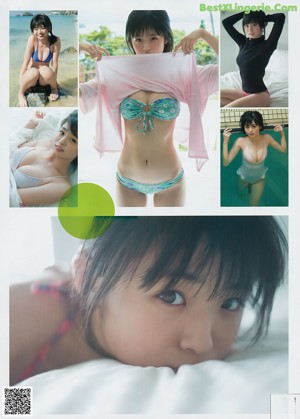 A series of photos of a woman in a white bikini.