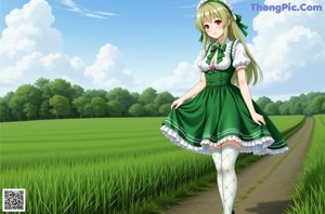 A woman in a green dress sitting on a white cube.
