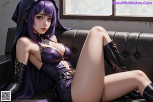 A woman in a purple outfit is posing for a picture.