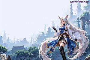A woman in a blue top and black skirt holding a sword.
