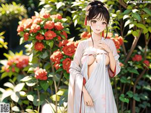 A woman in a white kimono standing in a garden.