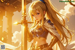 A naked woman in a white dress holding a sword in the clouds.