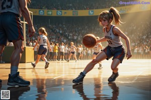 A woman holding a basketball in front of a basketball court.