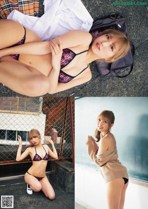 A collage of photos of a girl in a school uniform.