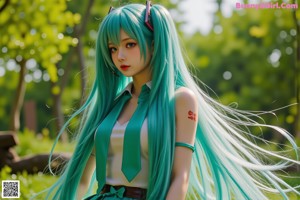 A girl with long green hair standing next to a man.