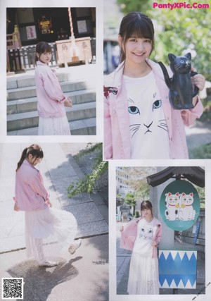 A woman in a pink jacket and white skirt walking down a sidewalk.
